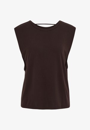 Haut sans manches marron foncé avec épaules rembourrées et encolure ronde, en tissu lisse, présenté sur fond blanc.