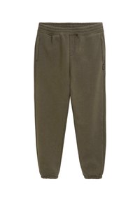 Olijfgroene joggers met een zachte fleecetextuur, elastische tailleband en boorden. Voorzien van twee zijzakken en een klein merklabel.