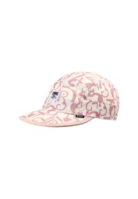 Light pink and white cap with abstract letter patterns, featuring a small brand label on the front and side.