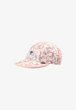 Light pink and white cap with abstract letter patterns, featuring a small brand label on the front and side.