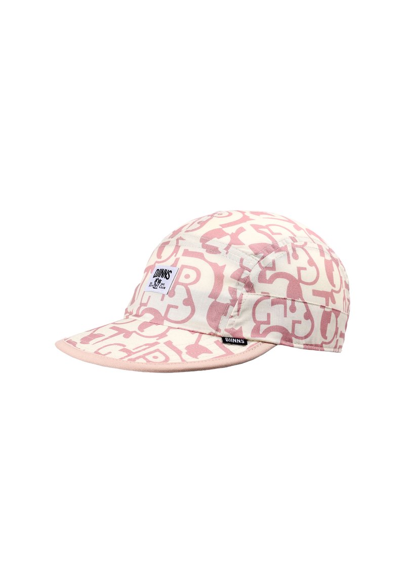 Light pink and white cap with abstract letter patterns, featuring a small brand label on the front and side.