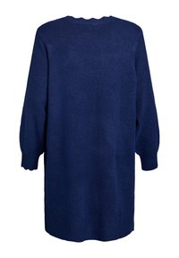 Pull en maille bleu foncé à manches longues, avec des poignets et un ourlet côtelés, doté d'un col rond et d'une coupe décontractée.