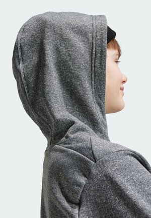Gray hoodie featuring a smooth texture, a large hood, and a simple design. The fabric appears soft with subtle variations in tone.