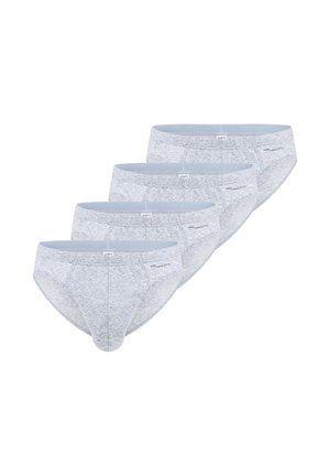 Quattro slip da uomo in cotone grigio chiaro con elastico in vita disposti in fila sfalsata su sfondo bianco.
