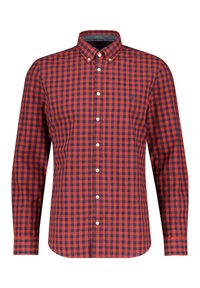 Rood en marineblauw geruite overhemd met lange mouwen, button-down kraag en witte knopen. Beschikt over een afgeronde zoom en zachte katoen. 