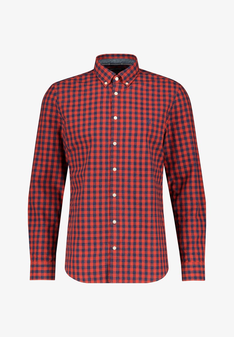Rood en marineblauw geruite overhemd met lange mouwen, button-down kraag en witte knopen. Beschikt over een afgeronde zoom en zachte katoen.
