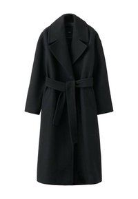 Zwarte jas van een wolmix met brede revers, een ceintuur in de taille en zijzakken. Heeft een A-lijn silhouet en lange mouwen.