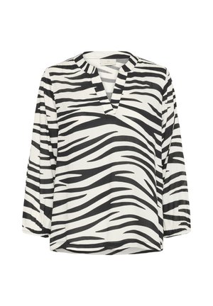 Schwarz-weiße Bluse mit Zebramuster, V-Ausschnitt, langen Ärmeln und lockerer Passform. Glattes Material mit auffälligem Streifenmuster und umschlagbarem Kragen.