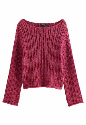 Pull en tricot de couleur rose vif avec une coupe ample, un col large et une texture côtelée. Manches longues avec un ourlet court et un tissage ouvert.