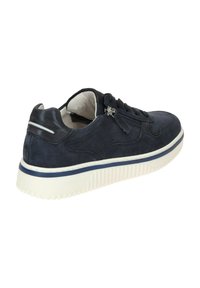 Navy suede sneaker with white rubber sole, lace-up design, and silver hardware accents. Features textured side detail and contrasting layers.