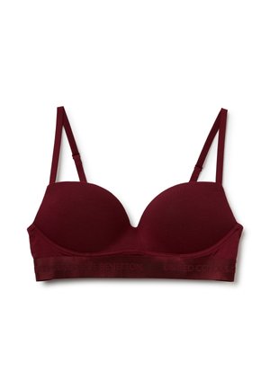 Bordeaux gevoerde beha met dunne verstelbare bandjes en een brede elastische band met geembosseerde tekst. Soepele stof, ronde cups, zonder beugel.