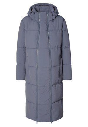 Padded long coat in light gray, with a hood, two front zippers, and a smooth texture. Features a quilted pattern for insulation.