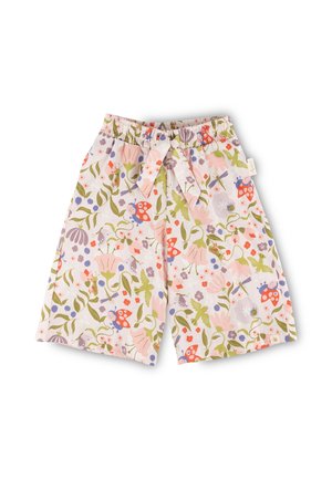Die mit Blumenmuster versehenen Shorts haben einen elastischen Taillenbund und eine vordere Schnürung. Das Design enthält rosa, grüne und lilafarbene Akzente auf einem hellen Hintergrund.