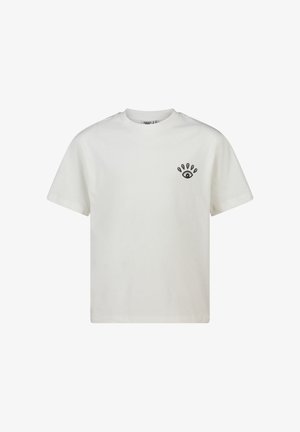 White short-sleeve t-shirt made of cotton featuring a black graphic design of an eye with hand accents on the left chest area.