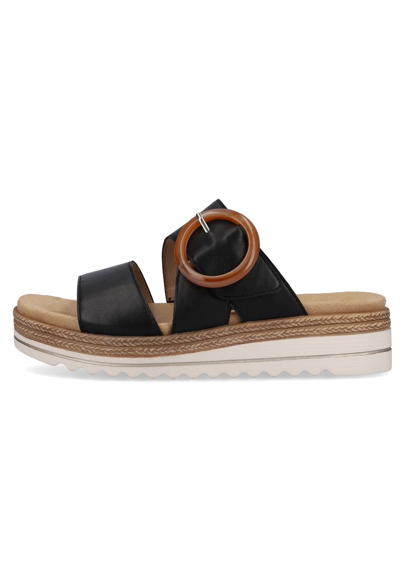 Black leather slide sandal with two wide straps, a large round wooden accent, a textured light sole, and a braided edge detail.