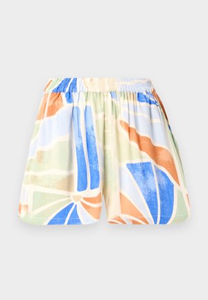 Calções feitos de tecido leve com uma cintura elástica. Apresenta um padrão geométrico multicolorido em azul, laranja, verde e bege.