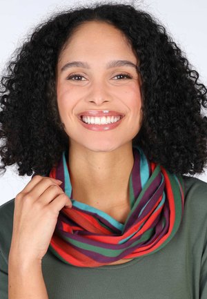 Multicolored infinity scarf featuring horizontal stripes in red, green, purple, and blue. Soft fabric with a smooth texture.