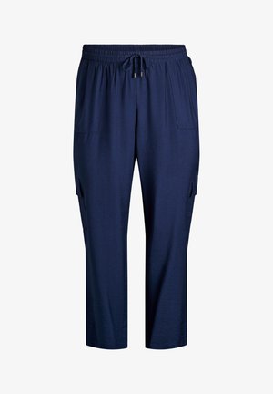 Sotilas siniset cargo-housut, jotka on valmistettu kevyestä kankaasta. Niissä on joustava vyötärö, nyöri, kaksi etutaskua ja sivu-cargo-taskuja.