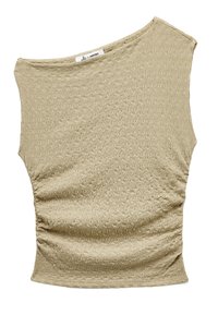 Beige ärmlös topp med en vågig textur, med en off-shoulder design och samlad detalj vid sidorna. Mjukt, elastiskt tyg.