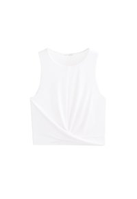 Bela brezrokavna majica s kratkim krojem, narejena iz mehkega materiala, z zasukanim sprednjim delom in gladko teksturo, ter okroglo ovratnikom.