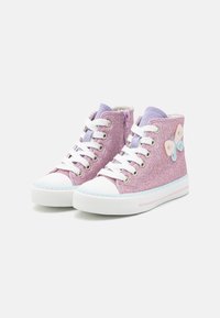 Pink glitter high-top sneakers with white rubber soles and laces. Features a butterfly design and purple accents on the collar.