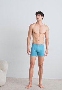 Blaue Baumwollboxershorts mit einem kontrastierenden elastischen Bund, anatomischer Passform und glatter Textur. Tragen von einem stehenden männlichen Model.