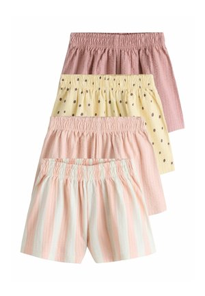 Quatre paires de shorts pour enfants à taille élastique en rose, jaune à pois marron, rose clair et rayures rose et blanc, empilées verticalement.