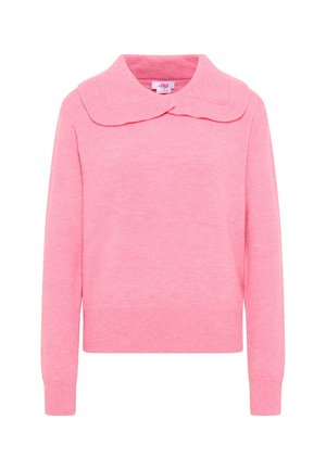 Roze gebreide trui met een ronde kraag, lange mouwen en geribde manchetten en zoom. Zachte textuur en lichtgewicht ontwerp.