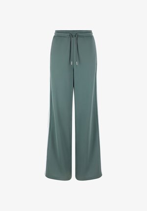 Pantaloni della tuta verdi a gamba larga con strisce bianche laterali e una vita elastica con coulisse.