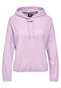 Ljuslila huoodtröja med kängurufickor, dragkedja i huoodet och elastiska ärmslut. Mjukt tyg med en texturerad yta.