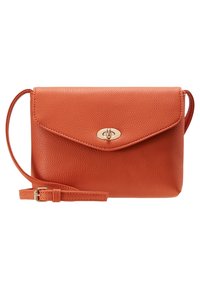 Orange leather crossbody bag with a textured finish, featuring a flap closure, gold-tone hardware, and an adjustable strap.