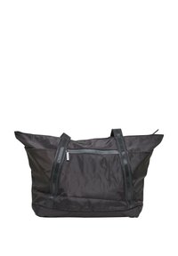 Svart nylon totebag med doble bæreremmer, en glidelåslomme foran og en bred åpning, med en glatt, matt tekstur.