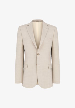 Beżowa marynarka z subtelną teksturą, jednorzędowe zapięcie na guzik, klapy z wycięciem oraz dwie przednie kieszenie. Podszewka. Dopasowany krój.