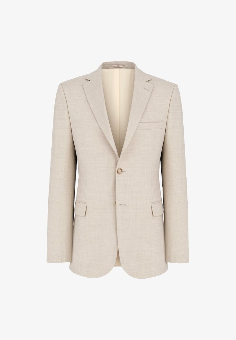 Beżowa marynarka z subtelną teksturą, jednorzędowe zapięcie na guzik, klapy z wycięciem oraz dwie przednie kieszenie. Podszewka. Dopasowany krój.