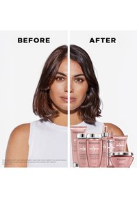 Kérastase-haarproducten in roze verpakking, weergegeven naast voor- en na-foto's van een vrouw die de transformatie van haar haar toont.