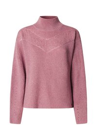 Roze gebreide trui met een hoge kraag, voorzien van een gestructureerd patroon en geribbelde details op de mouwen en de zoom.