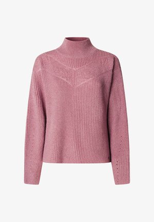 Pull en tricot rose avec un col montant, présentant un motif texturé et des détails côtelés sur les manches et l'ourlet.