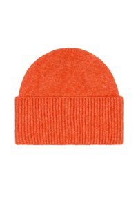 Bright orange knitted beanie with a ribbed cuff. Soft texture, cylindrical shape, and seamless top. Suitable for cold weather wear.