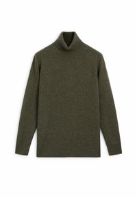 Olive green long-sleeve knit turtleneck sweater with ribbed collar, cuffs, and hem, laid flat on a white background.