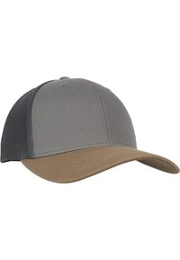 Gray cap with a brown brim, featuring a textured mesh back and a smooth, curved visor. Simple design with color contrast and adjustable fit.