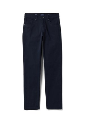 Dunkel marineblaue gerade geschnittene Hose mit fünf Taschen und Knopfverschluss in der Taille, auf weißem Hintergrund flach liegend dargestellt.