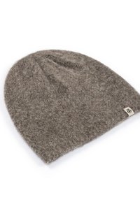 Brown fuzzy wool beanie hat with a small beige tag on the lower edge, displayed flat on a white background.