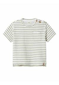 Striped short-sleeve t-shirt in soft cotton. Features white and olive-green stripes, a chest pocket, and two-button shoulder closure.