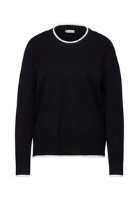 Czarny sweter z dzianiny z białą lamówką na okrągłym dekolcie, mankietach i dolnym brzegu, z długimi rękawami i prążkowaną teksturą na brzegach.