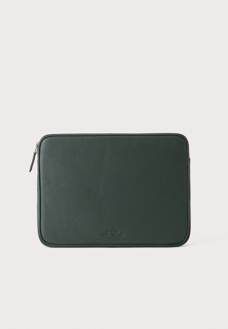 Housse d’ordinateur portable rectangulaire en cuir vert foncé avec coins arrondis et fermeture éclair sur le côté gauche.