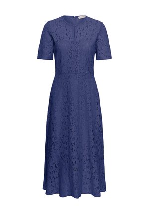 Navy blue midi dress with short sleeves, floral lace pattern, fitted waist, and round neckline.