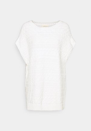 Maglione bianco in maglia oversize con un motivo testurizzato, scollatura a girocollo e orlo a coste. Le maniche corte e le fessure laterali migliorano la traspirabilità.