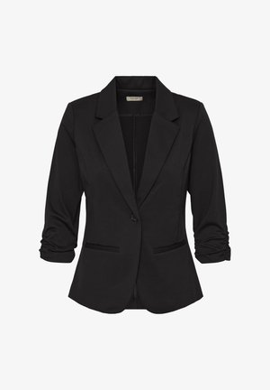Čierne šité sako s naberanými trojštvrťovými rukávmi, vykrojenými klopami, zapínaním na jeden gombík a dvoma prednými vreckami s lemovaním.