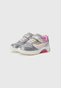 Silver athletic shoes with a padded tongue, velcro strap, and multi-colored accents in pink, yellow, and light purple. Rubber outsole.