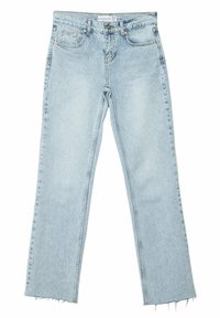 Jeans de mezclilla azul claro con un diseño de pierna recta, con una pretina que tiene cinco pasadores de cinturón, bolsillos frontales y orillas sin terminar. Talla 34.